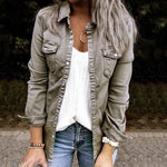 Veste en jean plissée à col à revers de couleur unie