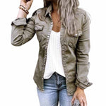 Veste en jean plissée à col à revers de couleur unie