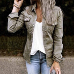 Veste en jean plissée à col à revers de couleur unie