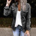 Veste en jean plissée à col à revers de couleur unie
