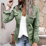 Veste en jean plissée à col à revers de couleur unie