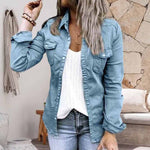 Veste en jean plissée à col à revers de couleur unie