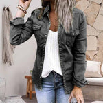 Veste en jean plissée à col à revers de couleur unie