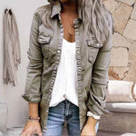 Veste en jean plissée à col à revers de couleur unie