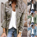 Veste en jean plissée à col à revers de couleur unie