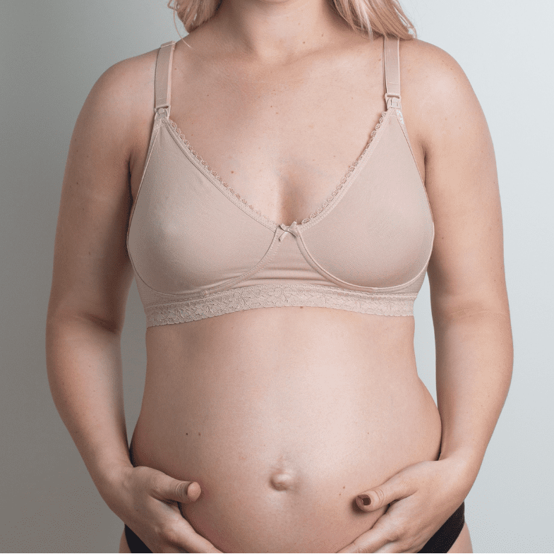 model wearing Diamond Maternity Bra in nude