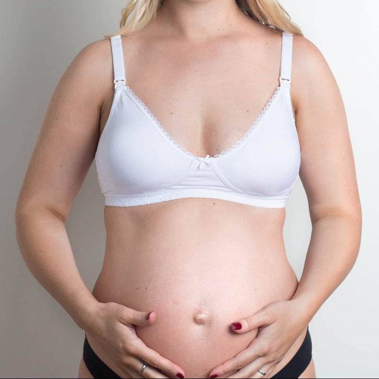 model wearing Diamond Maternity Bra in white
