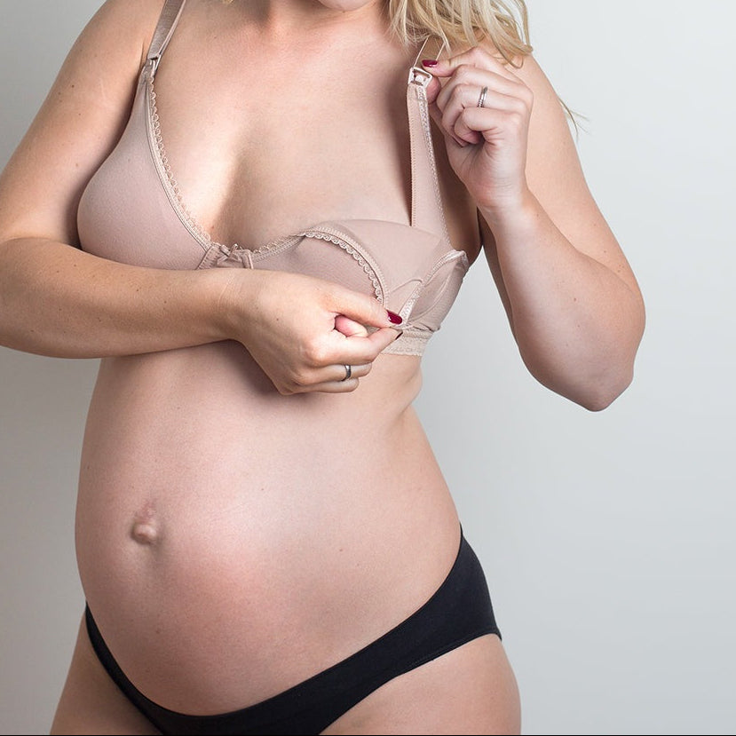 model wearing Diamond Maternity Bra in nude demonstrating strap