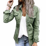 Veste en jean plissée à col à revers de couleur unie